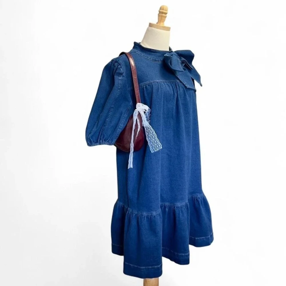 Sugar Lips Denim Bow Dress Aura Jacey Size Large Boho Preppy Western - Picture 5 of 8